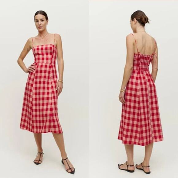 Reformation Dresses & Skirts - NEW Reformation Christen Linen Midi Dress Tie Straps Concha Check Gingham Size 2